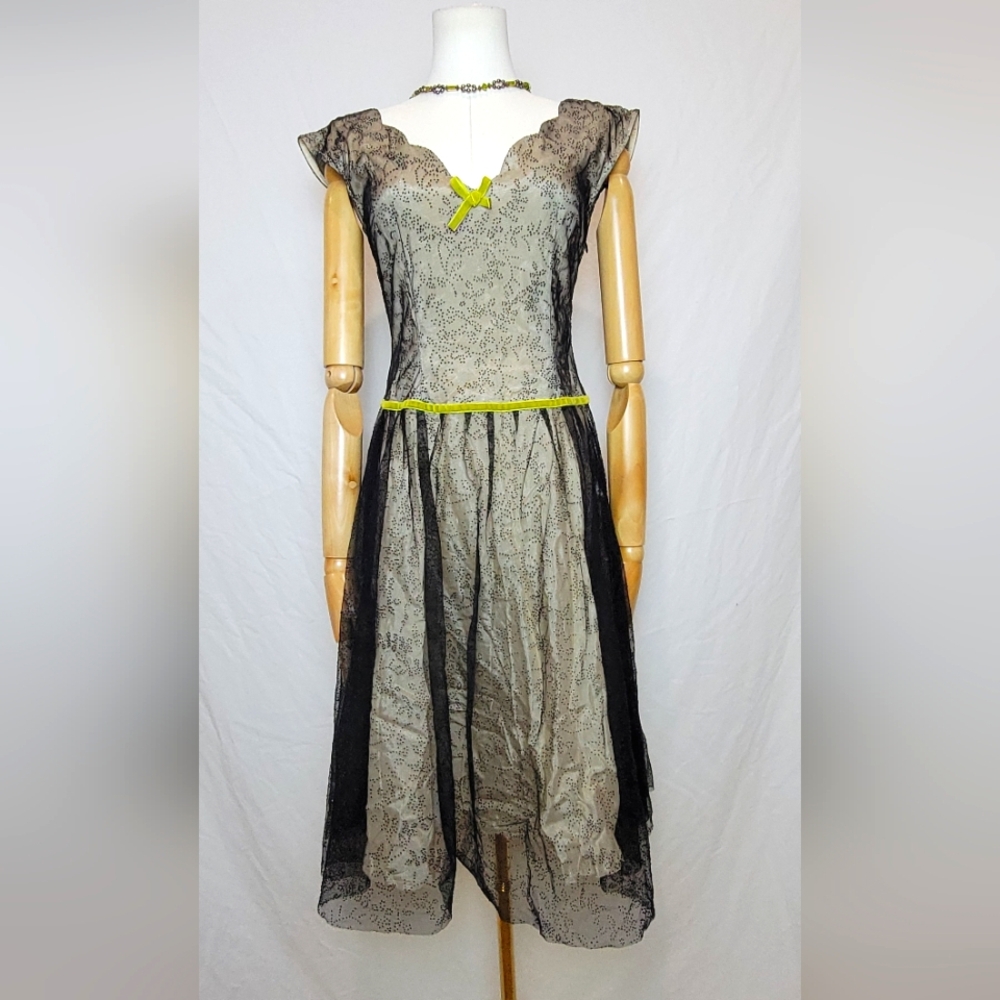 Free People Black Sheer A-Line Dress With Lime Green detailing Size 2